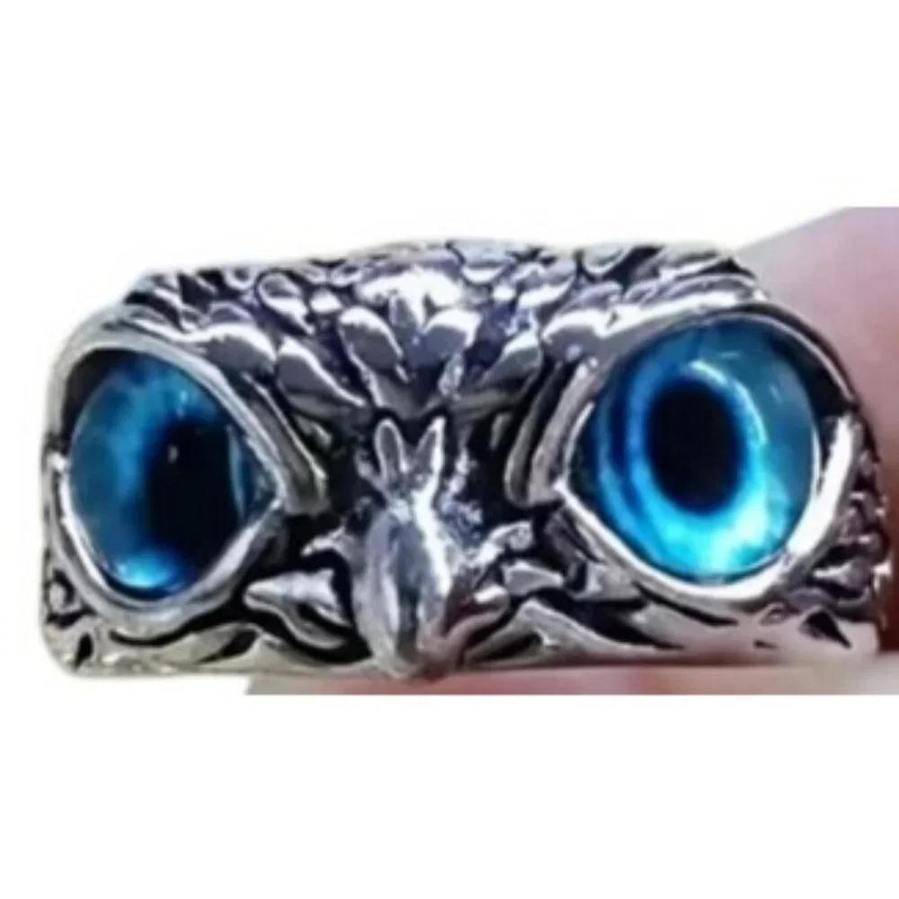 Silver Stainless Steel Blue Eye Owl Statement Ring Nickel Free Halo Vintage Y2K